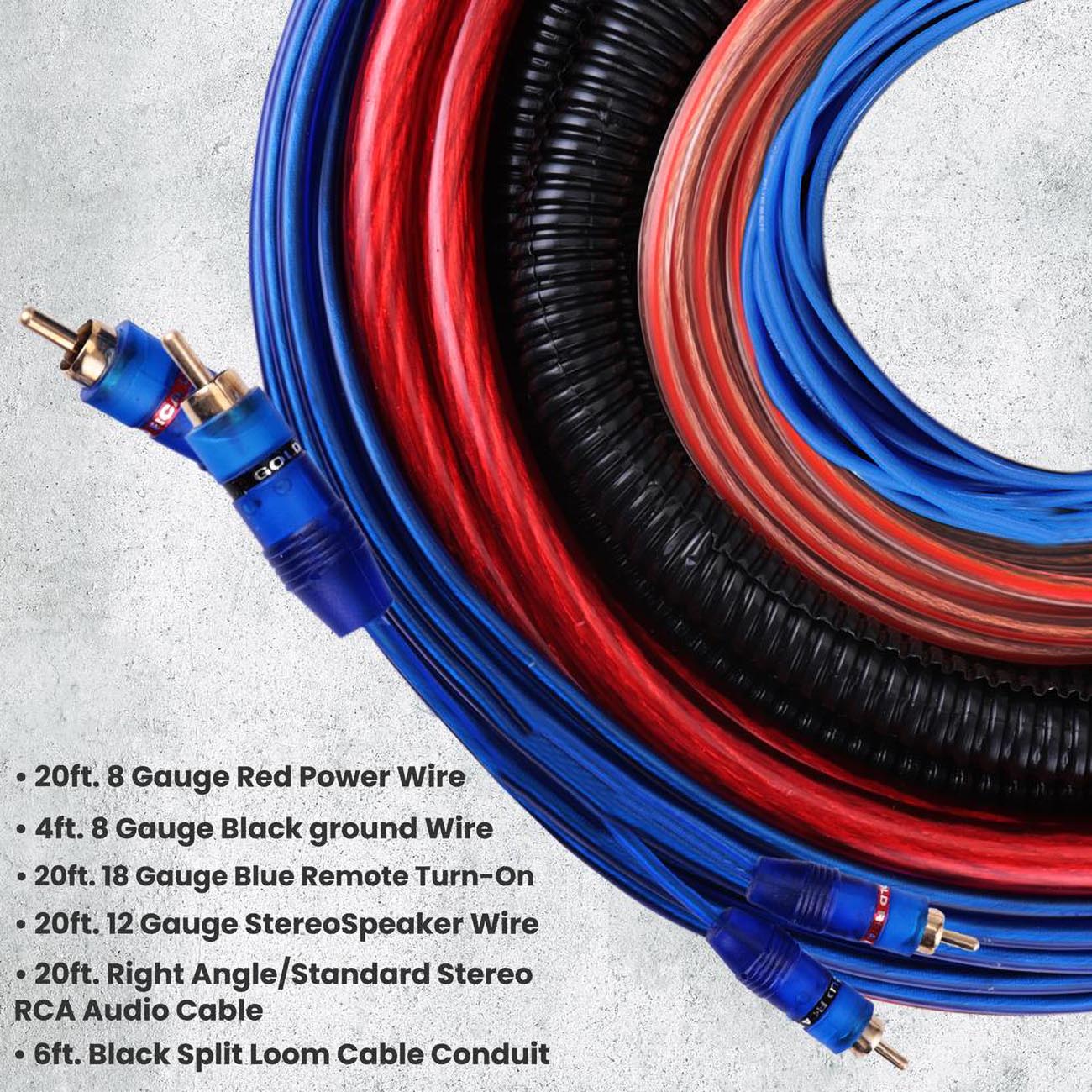Pyle Marine and Car Audio Wiring Kit - 20ft 8 Gauge Power Wire - Up to 1000 Watts Amplifier Hookup for Battery, Head Unit & Stereo Speaker Installation - Marine Grade Cable & Gold Plated Fuse