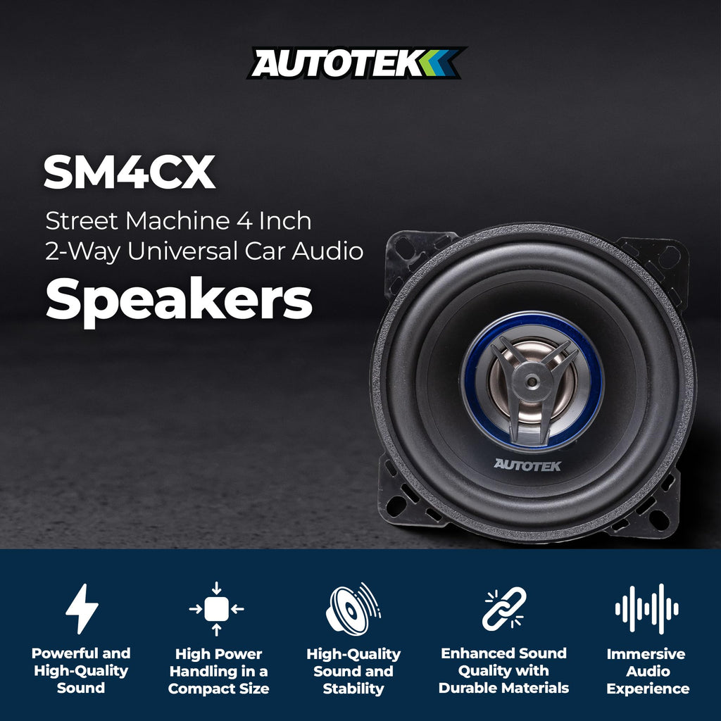 Autotek Street Machine 200W 4 Inch 2 Way Car Audio Coaxial Speakers with Neo Mylar Soft Dome Tweeters for Crystal Clear Sound, Pair
