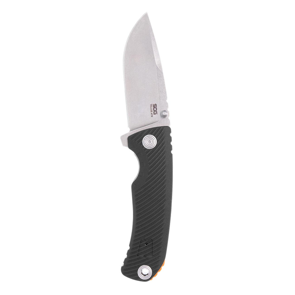 SOG Tellus ATK Outdoor Assisted Opening Frame Lock Folding Knife | Ambidextrous GRN Handle | CRYO 440C Stainless Steel Blade | Adjustable Belt Clip, Black/Blaze Orange