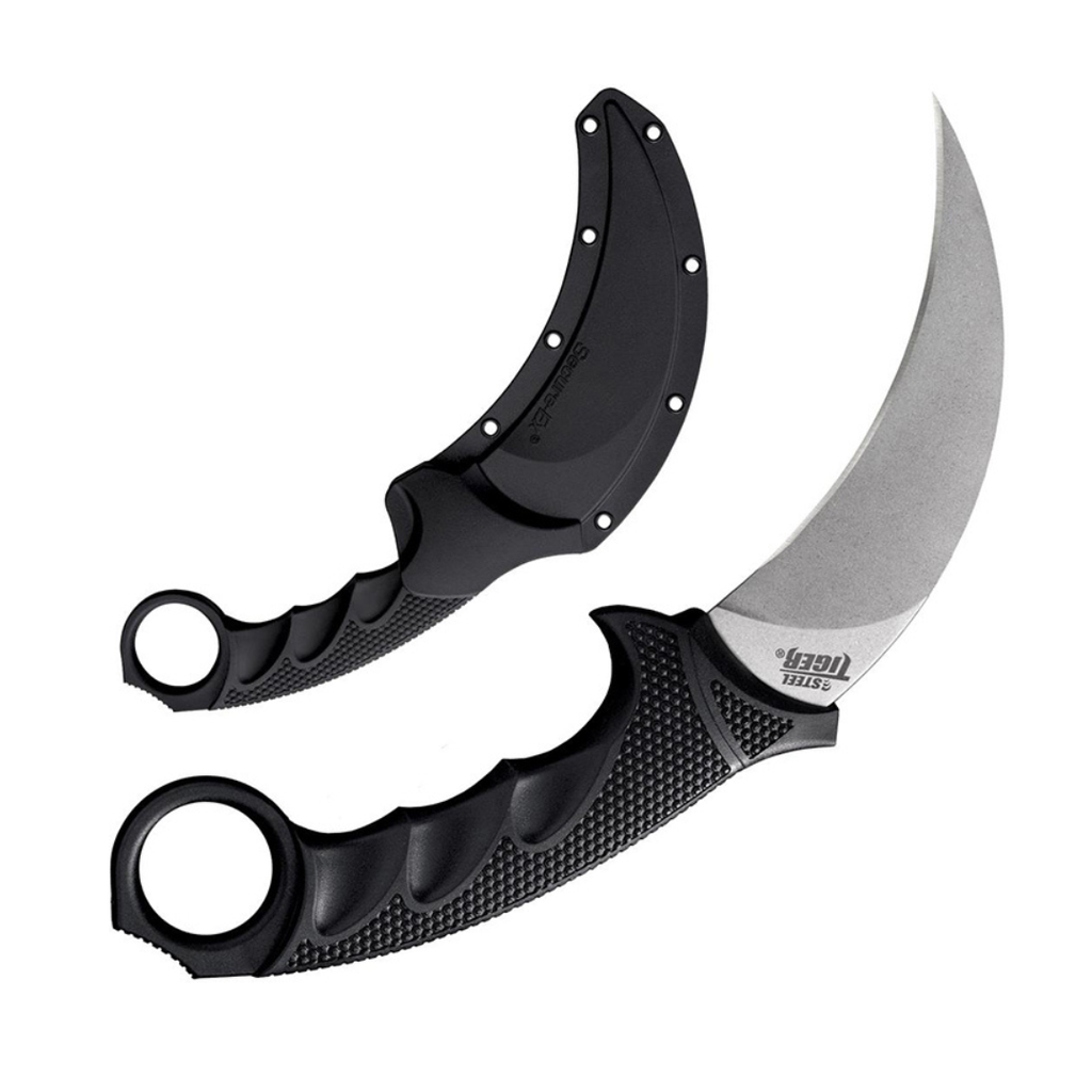 Cold Steel Steel Tiger 4.75'' Japanese Aus8A Stainless Steel W/ Stonewashed Finish Karambit Shape Fixed Blade Tactical Hunting Knife, Griv-Ex & Kray-Ex Handle, Secure-Ex Sheath