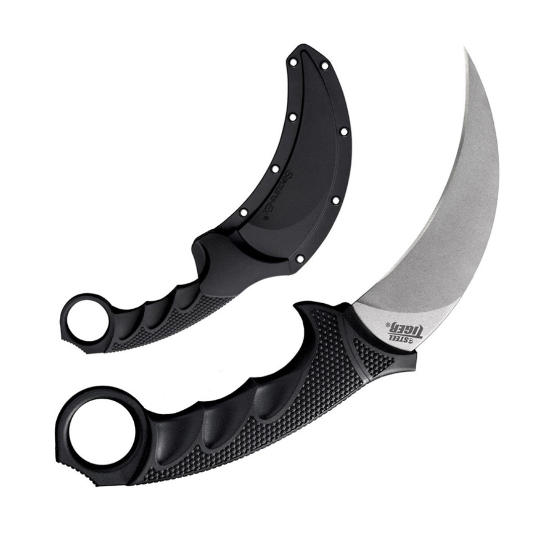 Cold Steel Steel Tiger 4.75'' Japanese Aus8A Stainless Steel W/ Stonewashed Finish Karambit Shape Fixed Blade Tactical Hunting Knife, Griv-Ex & Kray-Ex Handle, Secure-Ex Sheath
