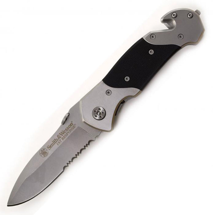 Smith & Wesson SWFRS 8in High Carbon S.S. Folding Knife with 3.3in Drop Point Serrated Blade and S.S. with G-10 Inlay Handle for Outdoor, Tactical, Survival and EDC