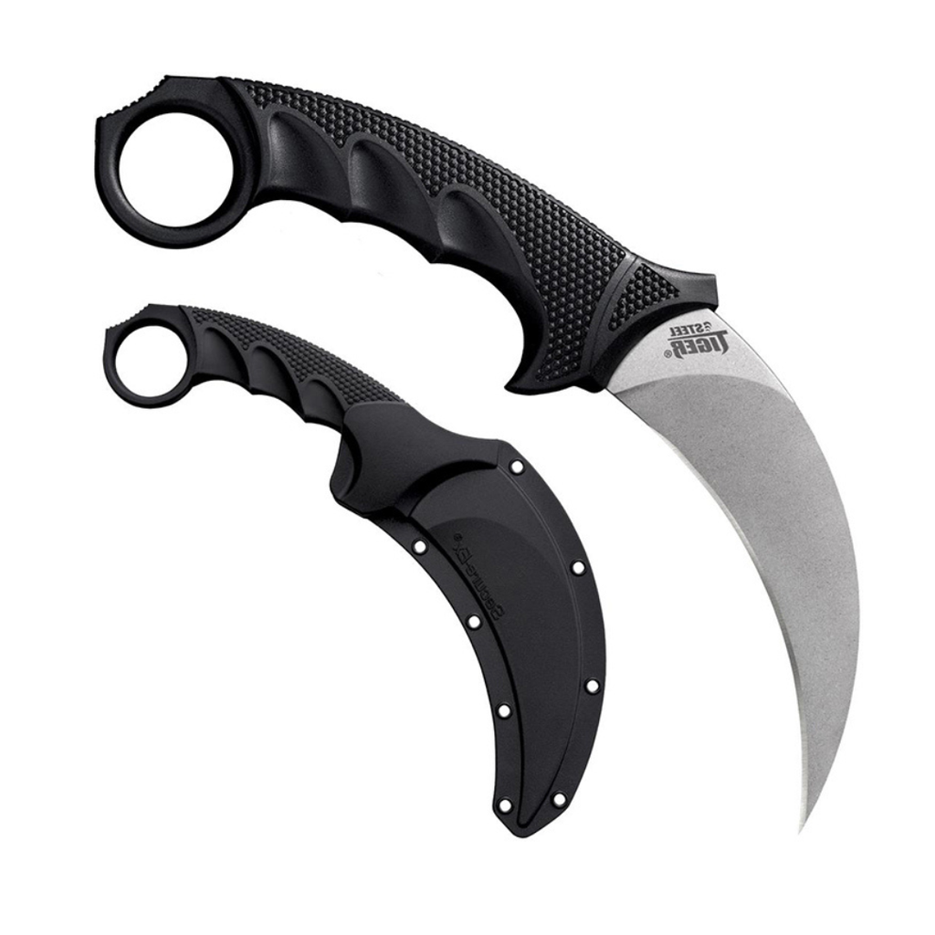 Cold Steel Steel Tiger 4.75'' Japanese Aus8A Stainless Steel W/ Stonewashed Finish Karambit Shape Fixed Blade Tactical Hunting Knife, Griv-Ex & Kray-Ex Handle, Secure-Ex Sheath