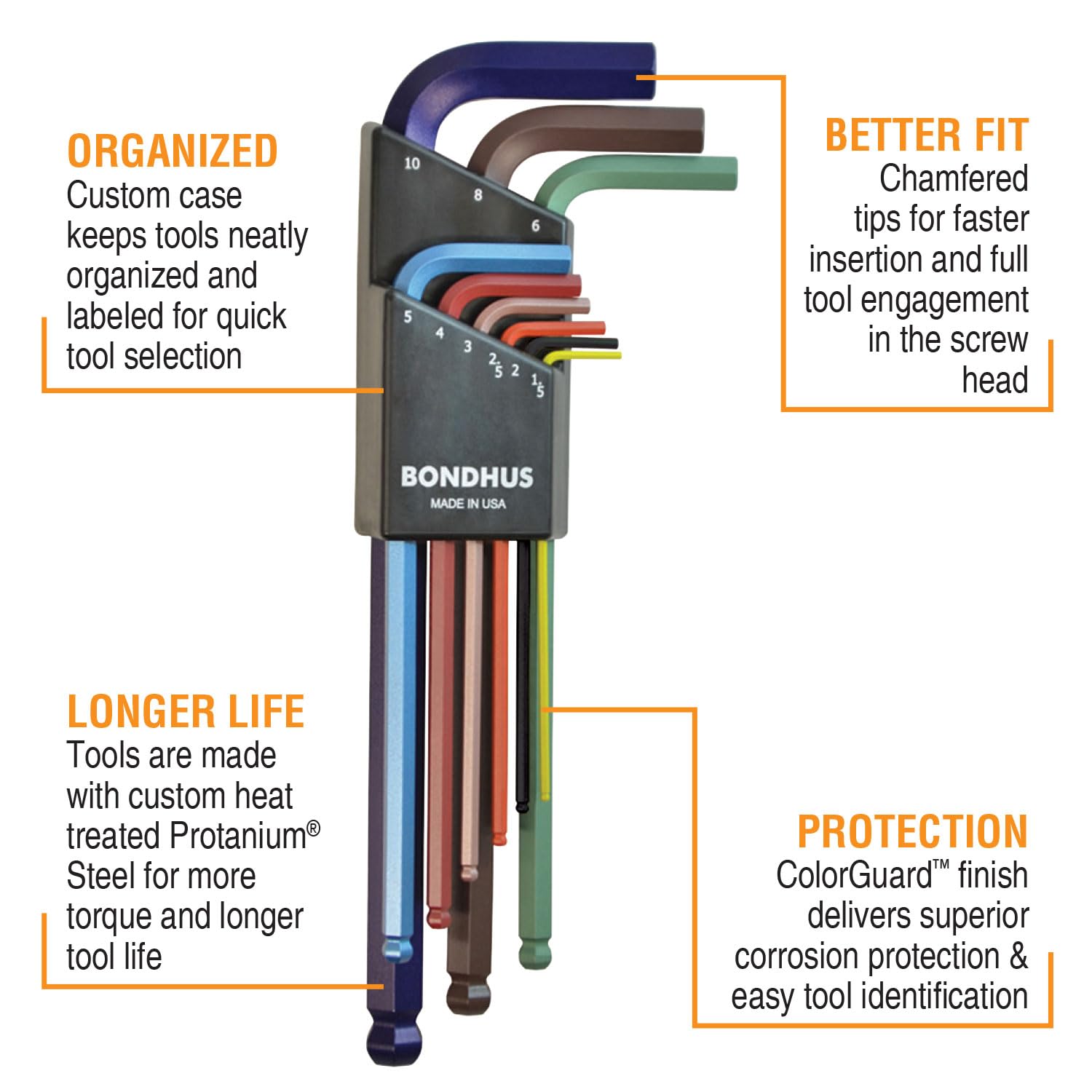 Bondhus 69499 Ball End L-Wrench Set w/ColorGuard Finish, 9 Piece, Multicolor, One Size