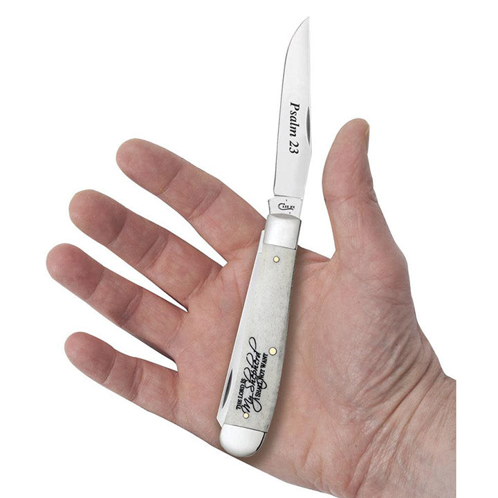 Case Knives 08795 Trapper Folding Knife – Religious Sayings Smooth Natural Bone Handle, Tru-Sharp Stainless Steel, 2-Blade Pocket Knife