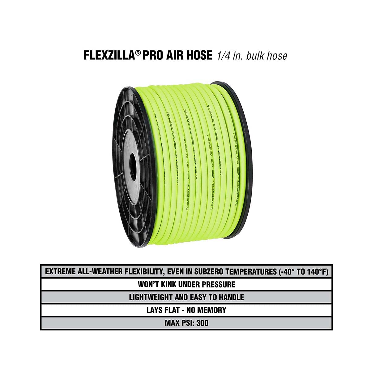Flexzilla Pro Air Hose, Bulk Plastic Spool, 1/4 in. x 250 ft, Heavy Duty, Lightweight, Hybrid, ZillaGreen - HFZ14250YW