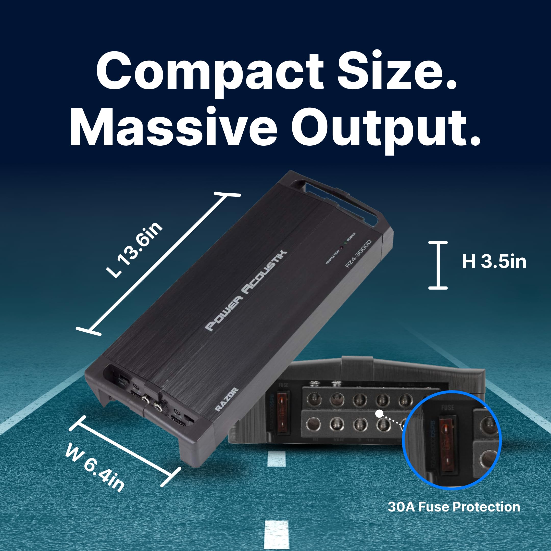 Power Acoustik RZ43000D 4-Channel Compact Car Amplifier – 1500W RMS / 3000W Max