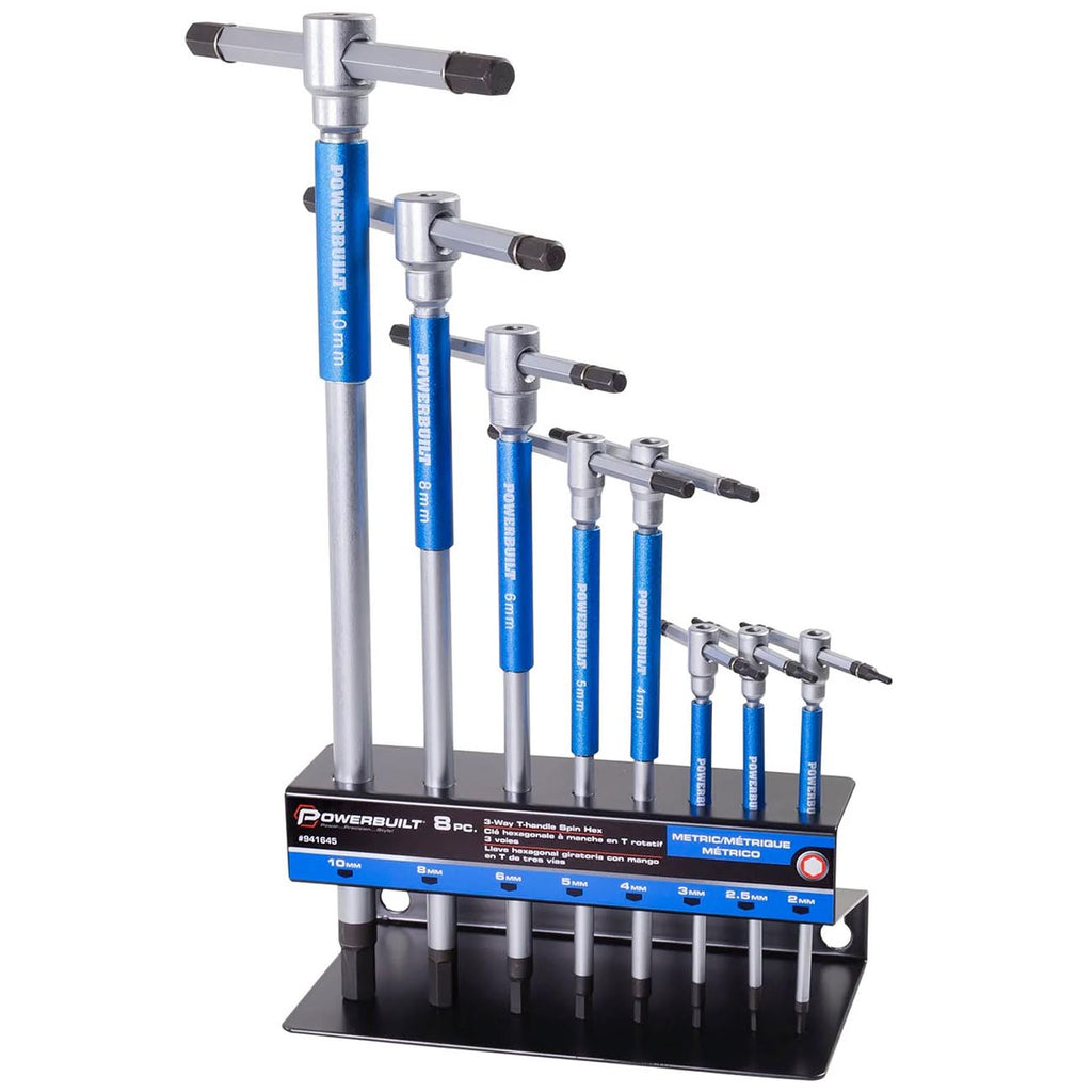 Powerbuilt 8 Pc Metric T-Handle Hex Allen Key Wrench Set with Storage Rack, 941645