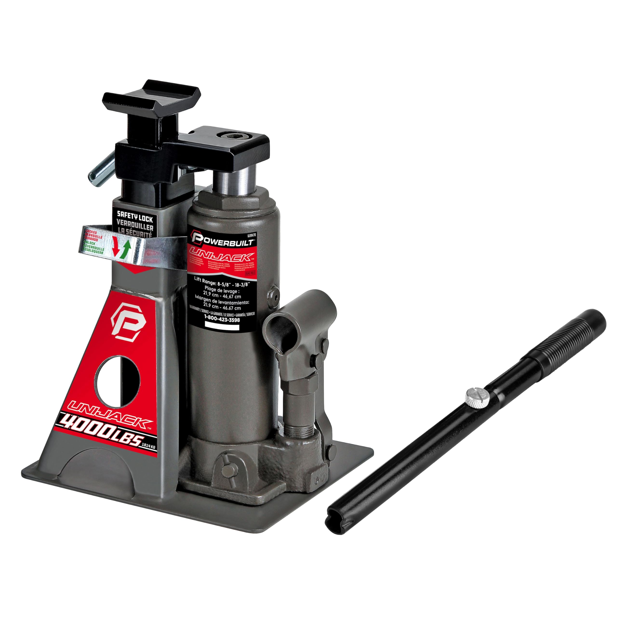 Powerbuilt 2 Ton UniJack Combination Hydraulic Bottle Jack / Jackstand in 1 Unit, Compact, Portable, Wide Base, for Unibody Sedans, CUVs, SUVs, Cars, - 620470