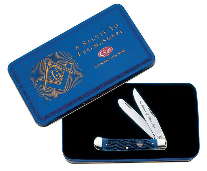 Case WR XX Pocket Knife Blue Bone Masonic Trapper W/Gift Tin Item #1058 - (6254 SS) - Length Closed: 4 1/8 Inches