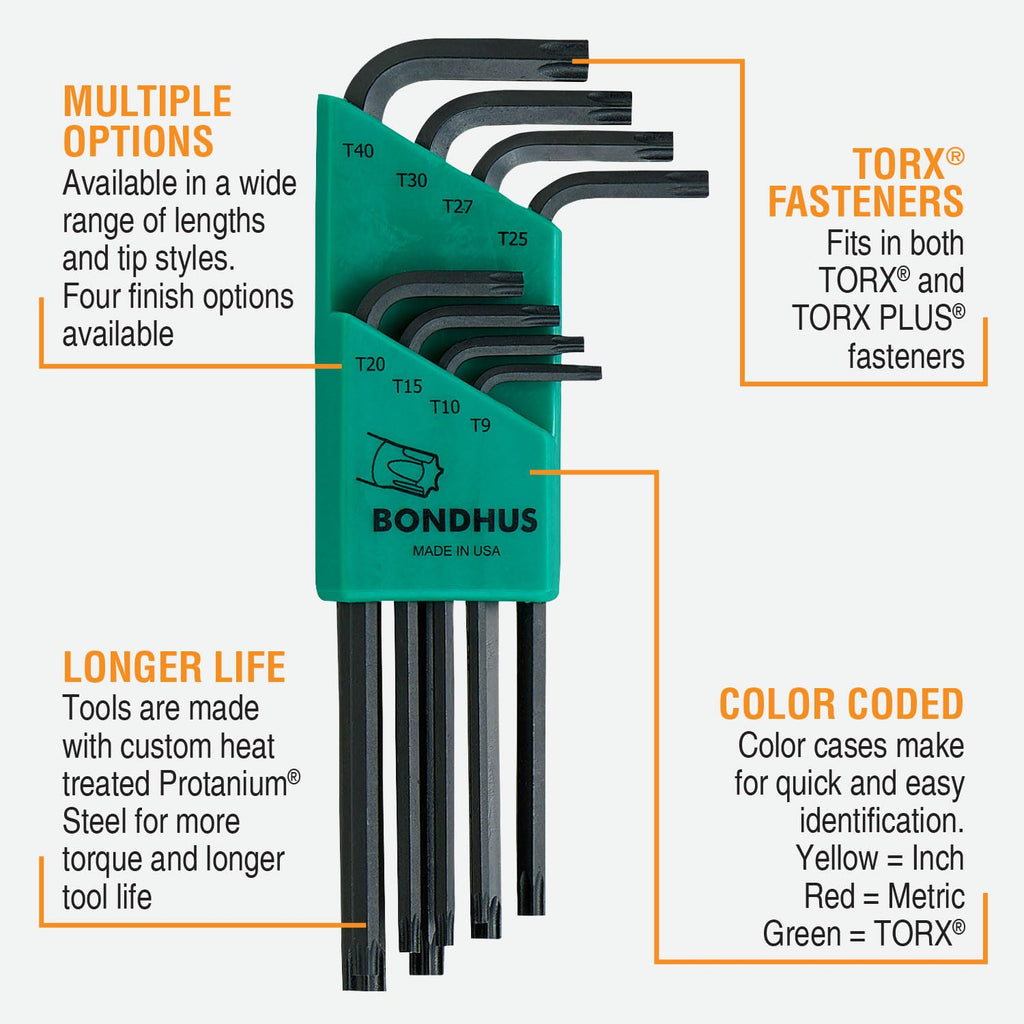 Bondhus 31834 Long Length Star-Tipped L-Wrenches, 8 Piece Set, sizes T9-T40