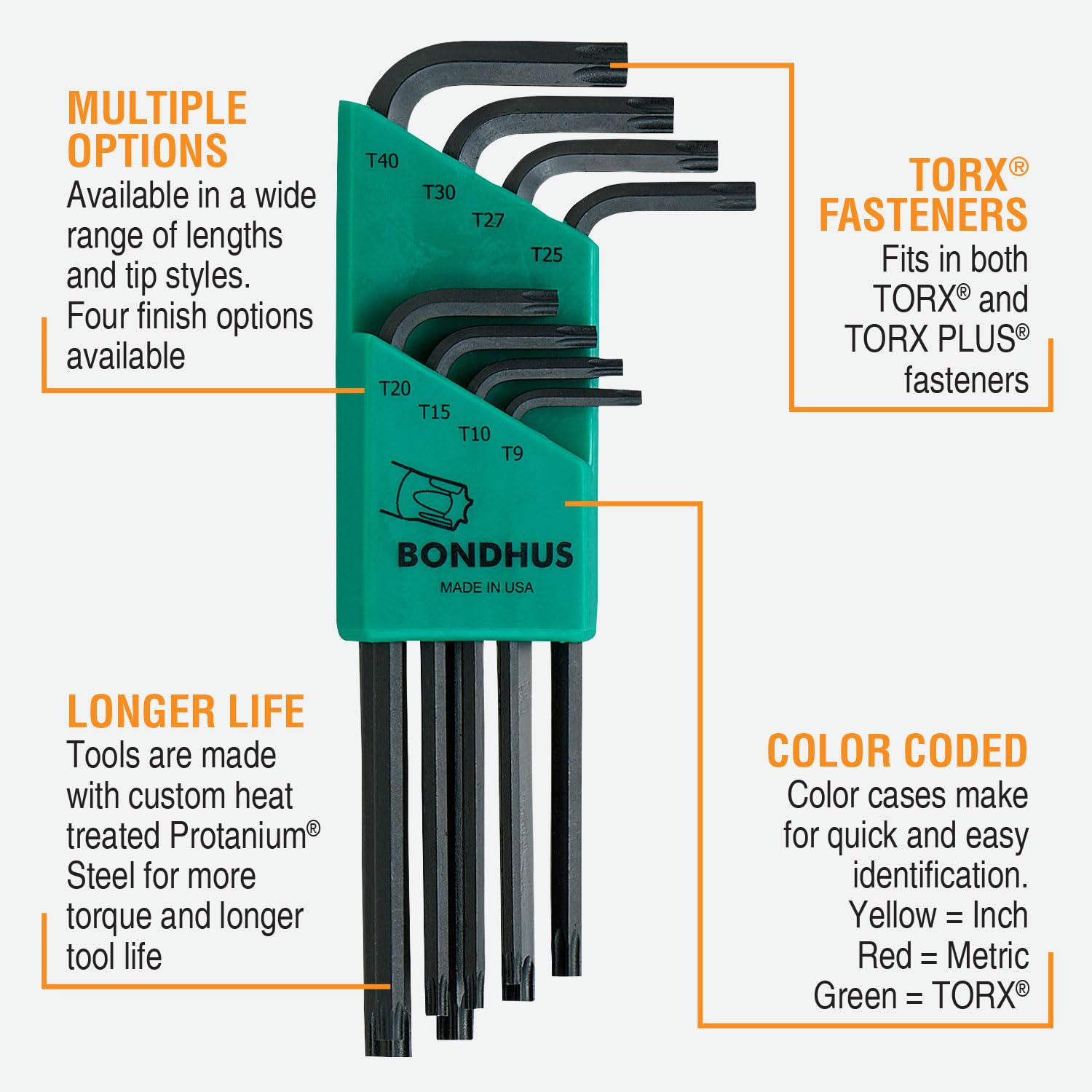Bondhus 31834 Long Length Star-Tipped L-Wrenches, 8 Piece Set, sizes T9-T40