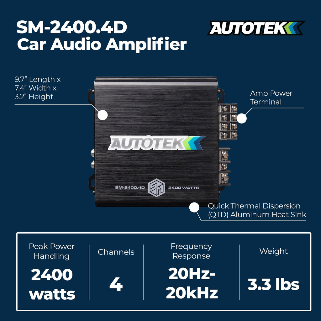 Autotek 2400 Watt 4 Channel Car Audio Amplifier with Bass Knob, High Output Class D Mono Bridged 4 Ohm Stable Input, Street Machine, SM-2400.4D, Black
