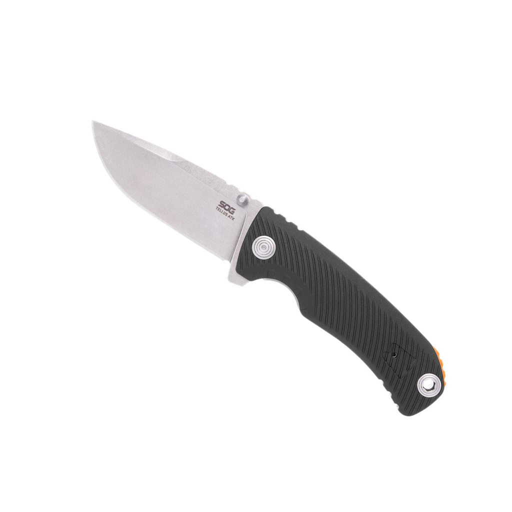 SOG Tellus ATK Outdoor Assisted Opening Frame Lock Folding Knife | Ambidextrous GRN Handle | CRYO 440C Stainless Steel Blade | Adjustable Belt Clip, Black/Blaze Orange