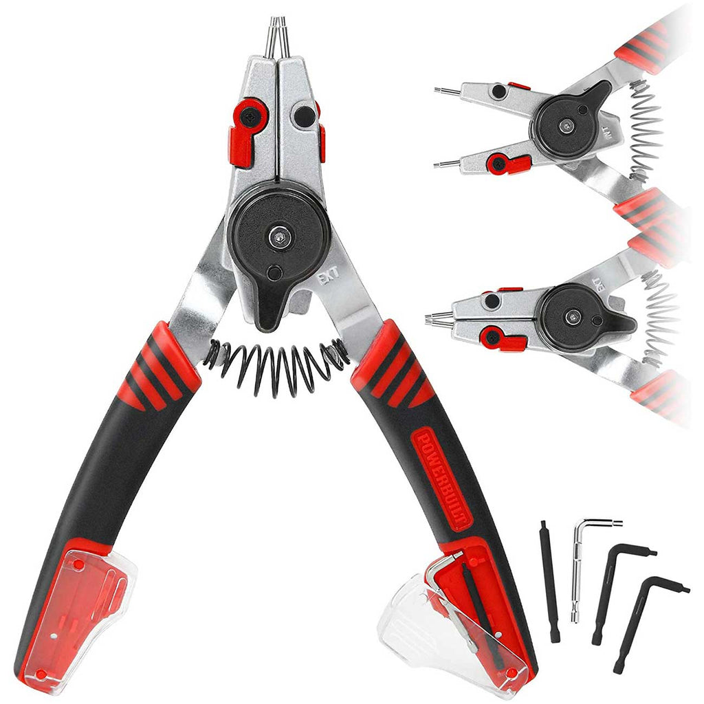 Powerbuilt Snap Ring Pliers with Combination Internal External Switch, Reversible, Remove and Install, Spring Loaded, Tips Included - Red 941336