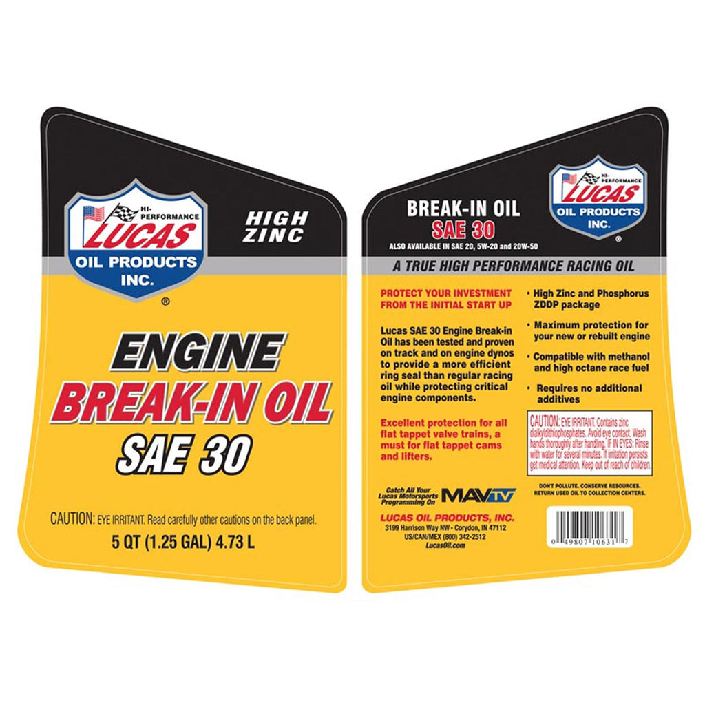 Lucas Motor Oil, Break-In, 30W, Conventional, 5 qt Jug, Each