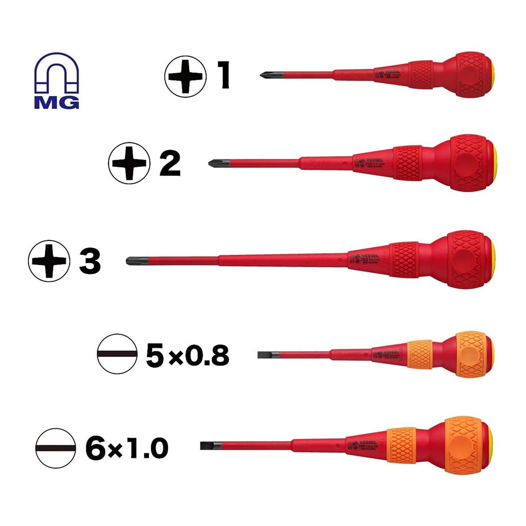 VESSEL BALL GRIP Insulated Screwdriver 5PC. Set No.2005PBU made in Japan by VESSEL