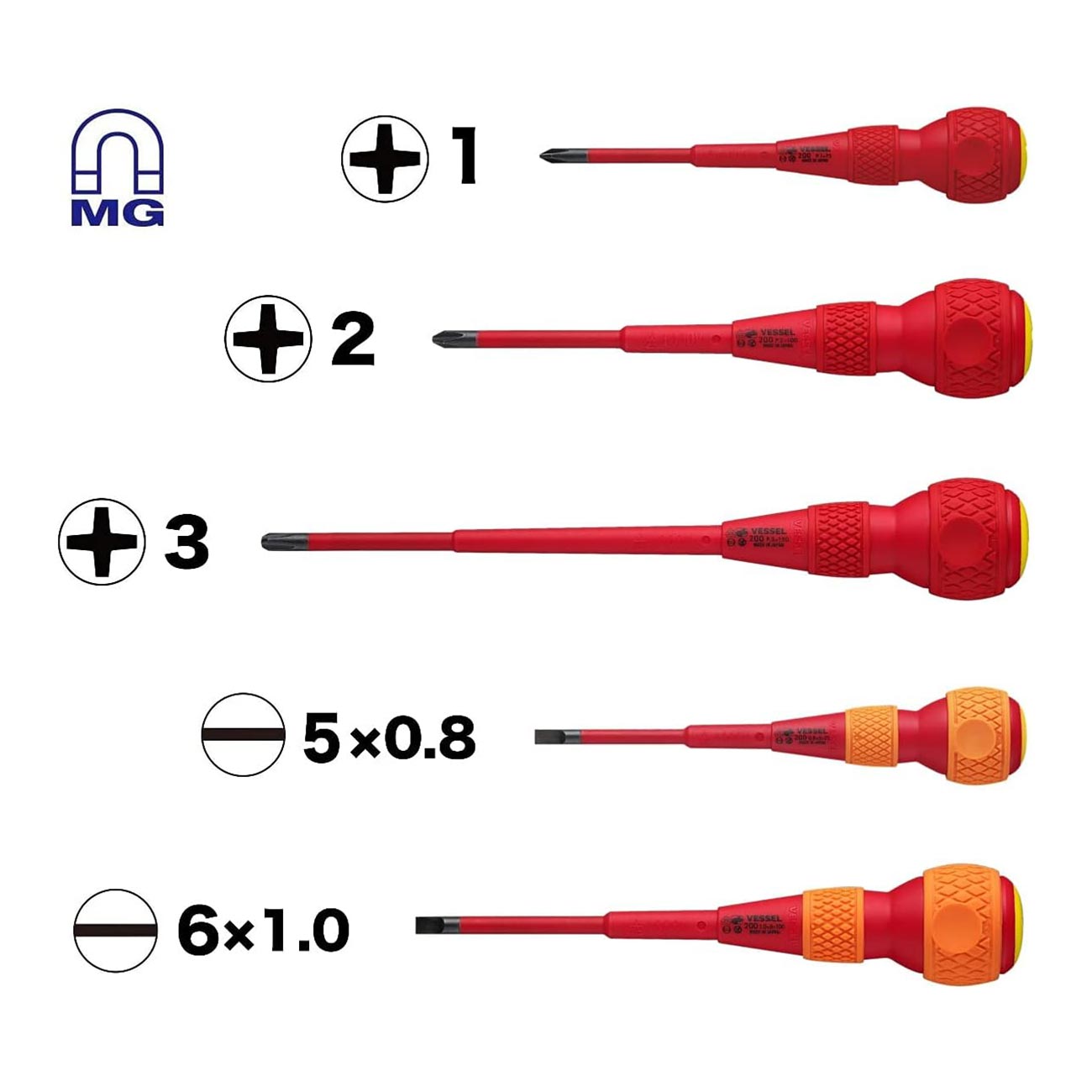 VESSEL BALL GRIP Insulated Screwdriver 5PC. Set No.2005PBU made in Japan by VESSEL