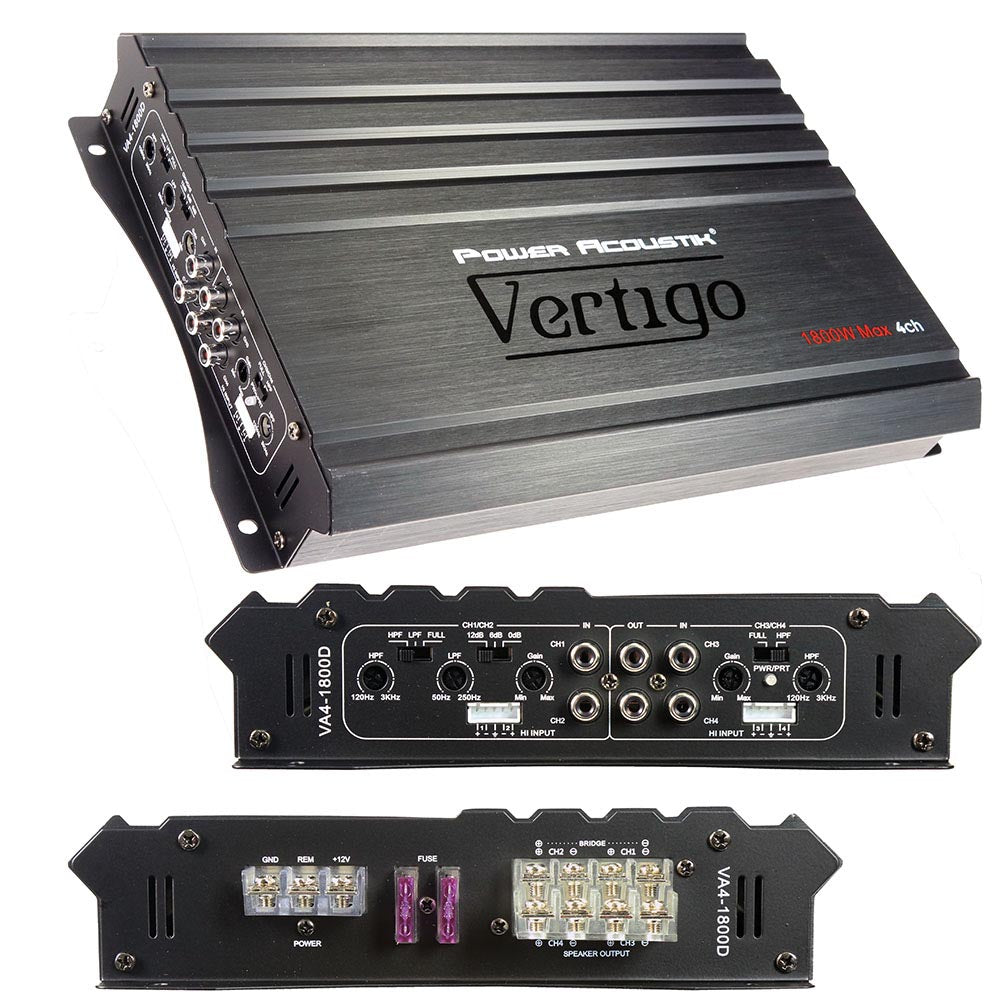 Power Acoustik VA4-1800D, Vertigo Series 4 Channel Car Amplifier, 4-Channel Stereo Amplifier, 1800 Watts 4-Ch Voice Amp for Car Audio, Class A/B 4Ch Amps