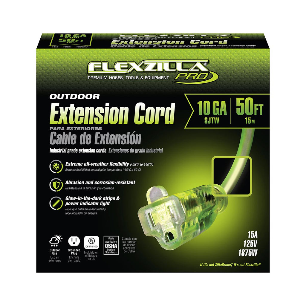 Flexzilla Pro Extension Cord, 10/3 AWG SJTW, 50 ft., Lighted Plug, Indoor/Outdoor, ZillaGreen - FZ512930