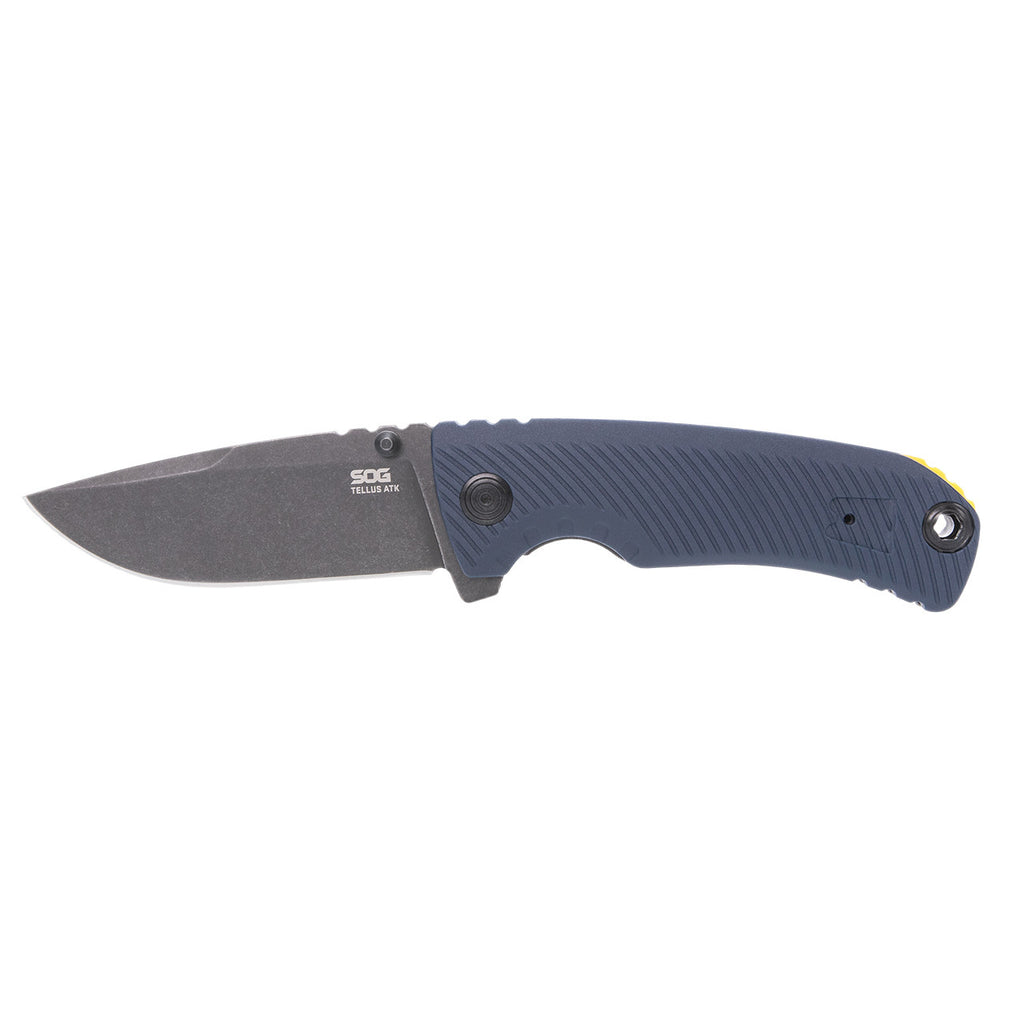 SOG Tellus ATK Outdoor Assisted Opening Frame Lock Folding Knife| Ambidextrous GRN Handle | CRYO 440C Stainless Steel Blade | Adjustable Belt Clip, Squid Ink/Yellow