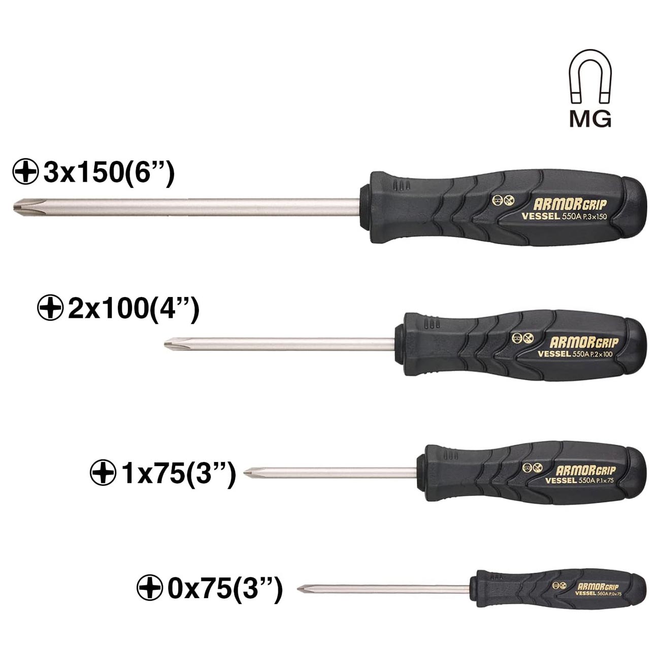 VESSEL - ARMOR GRIP™ Screwdriver Cross Point 4PC. Set (JISDRIVE) No.550APH4PBU
