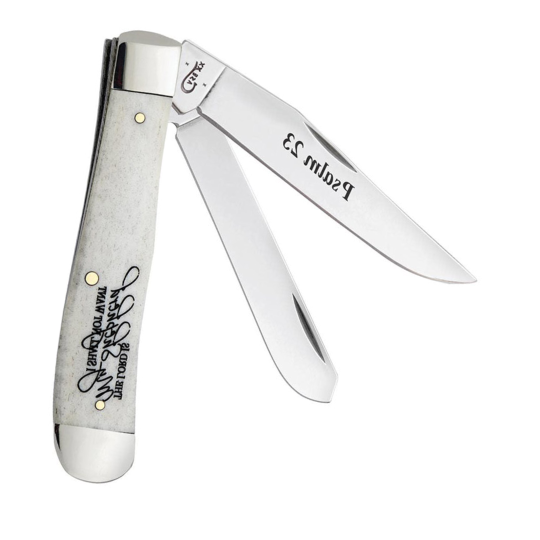 Case Knives 08795 Trapper Folding Knife – Religious Sayings Smooth Natural Bone Handle, Tru-Sharp Stainless Steel, 2-Blade Pocket Knife