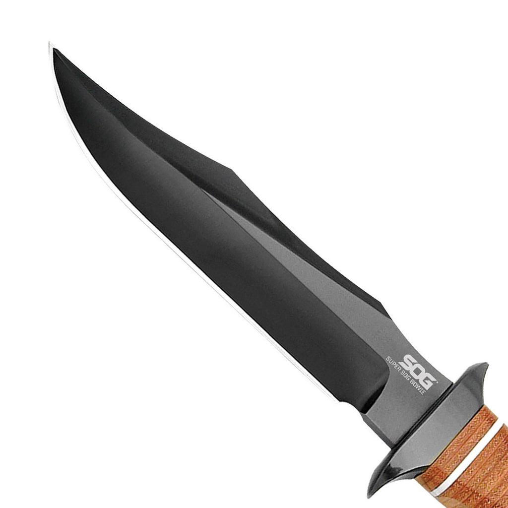 SOG Super Bowie 7.5" Black TiNi Fixed Blade Leather Handles Leather Sheath
