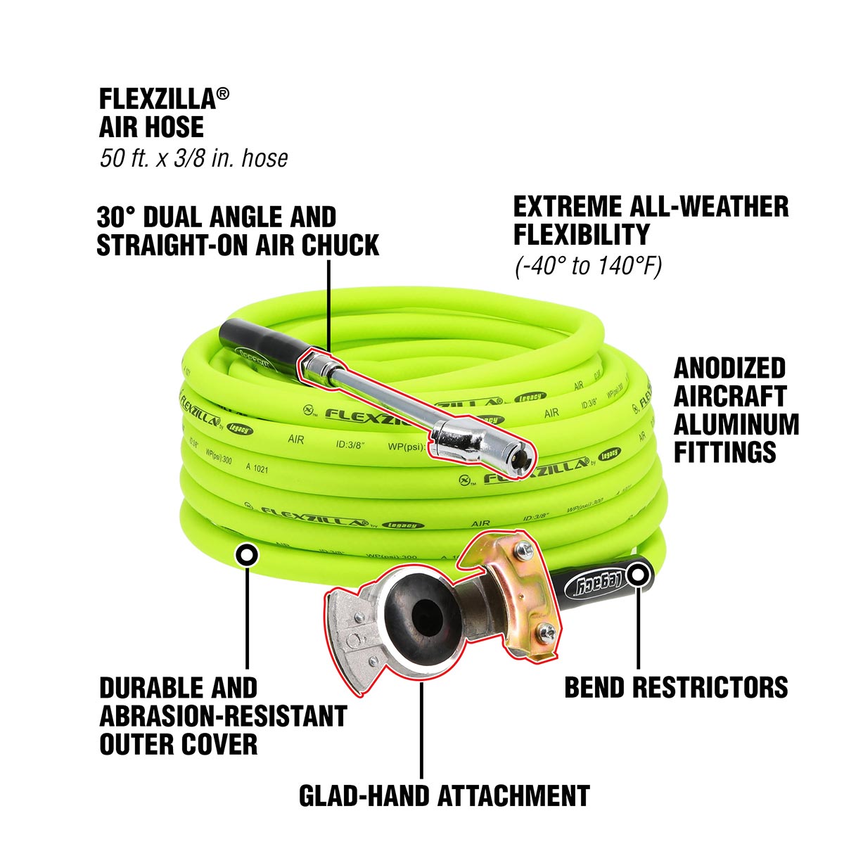 Flexzilla Truck Tire Inflator Kit with 3/8 in. x 50 ft. Hose, Heavy Duty, Lightweight, Hybrid, ZillaGreen - HGH2-FZ