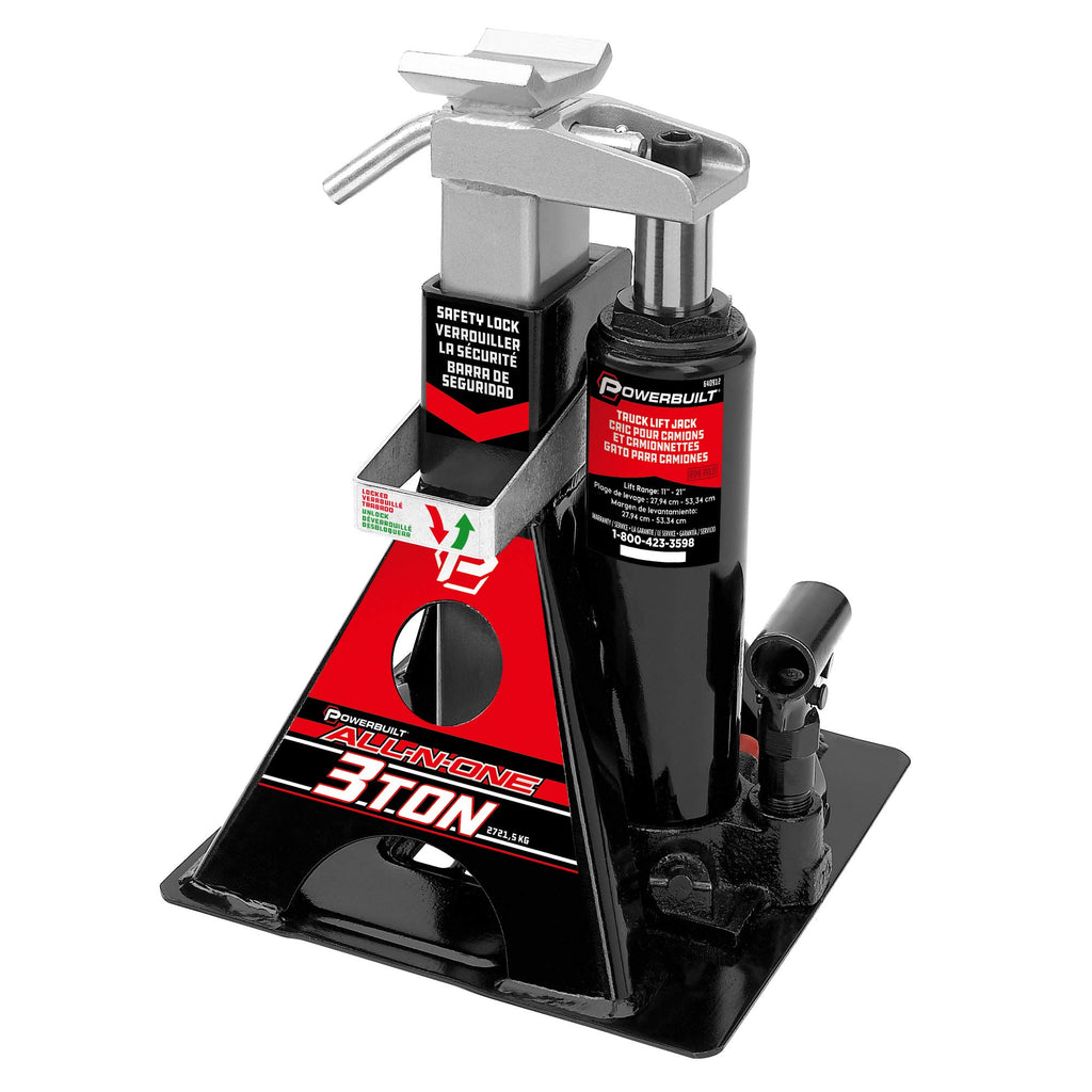 Powerbuilt 3 Ton All-in-One Hydraulic Bottle Jack and Jackstand in One Unit, Compact, Wide Base, 11-21 Inch Range, Eliminates Jackstands, for Unibody, Trucks, SUVs, RVs, Cars, Trailers, ASME - 640912