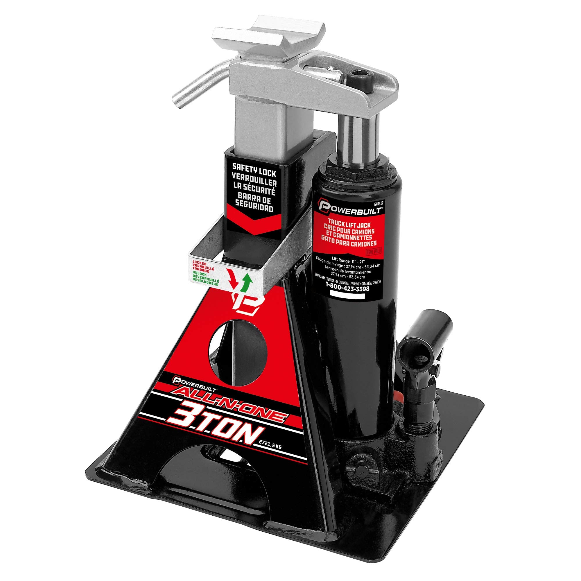 Powerbuilt 3 Ton All-in-One Hydraulic Bottle Jack and Jackstand in One Unit, Compact, Wide Base, 11-21 Inch Range, Eliminates Jackstands, for Unibody, Trucks, SUVs, RVs, Cars, Trailers, ASME - 640912