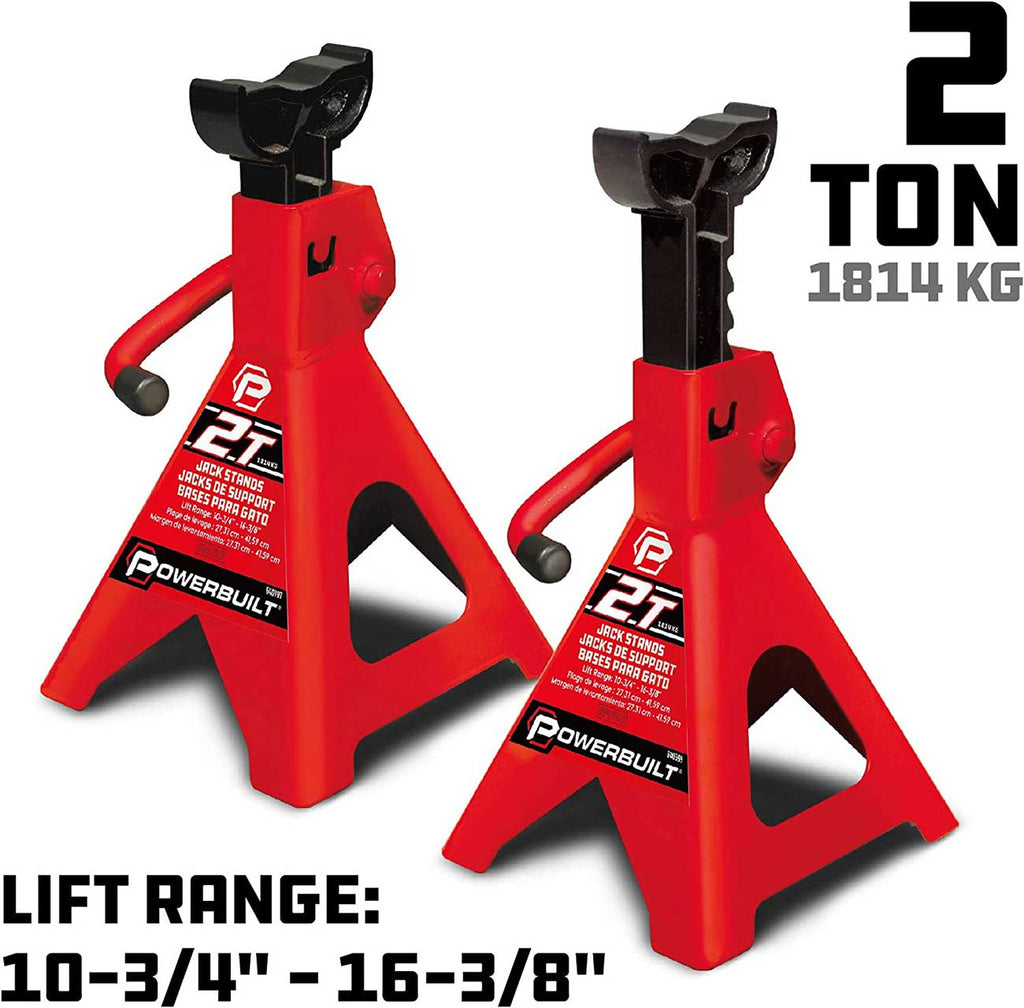 Powerbuilt 2 Ton Ratchet Jack Stand Pair, 4000 Pound 2-Piece Heavy Duty Steel Stands, Wide Angle Stability, Adjustable Height - Red 640399