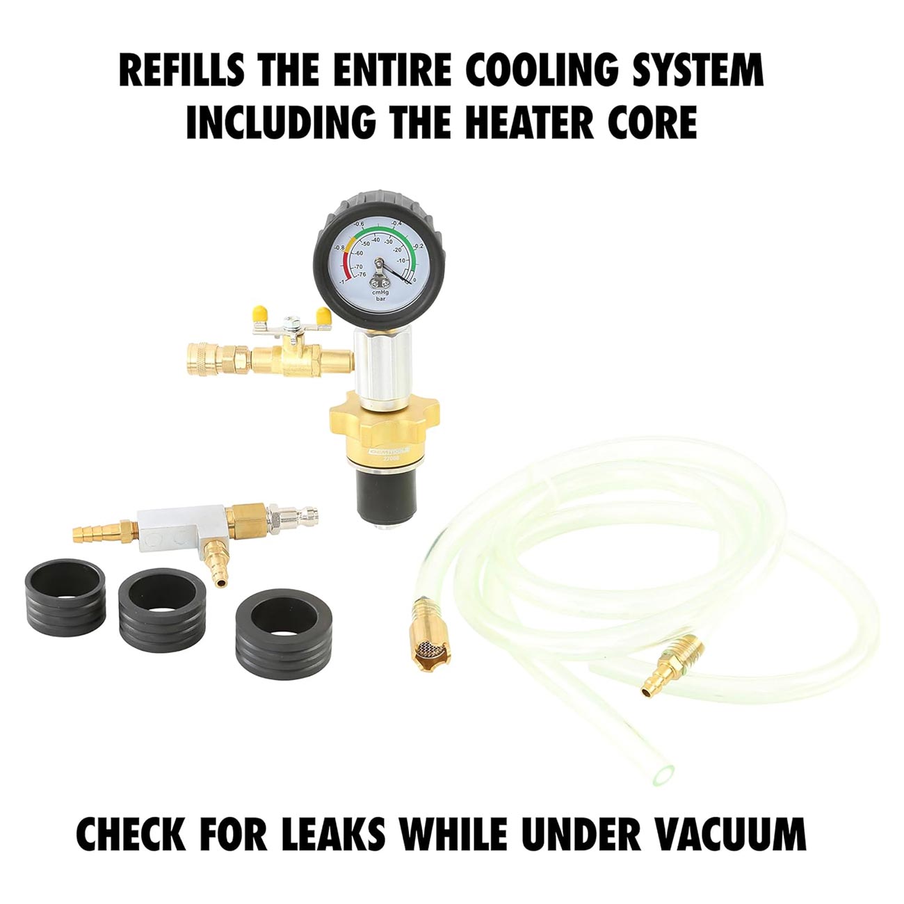 OEMTOOLS 27066 Coolant System Refiller Kit, 3 Adapters | Remove Air Trapped in Cooling System, Test Radiator and Heating Core Lines for Leaks | Fits Radiator Necks and Coolant Reservoirs