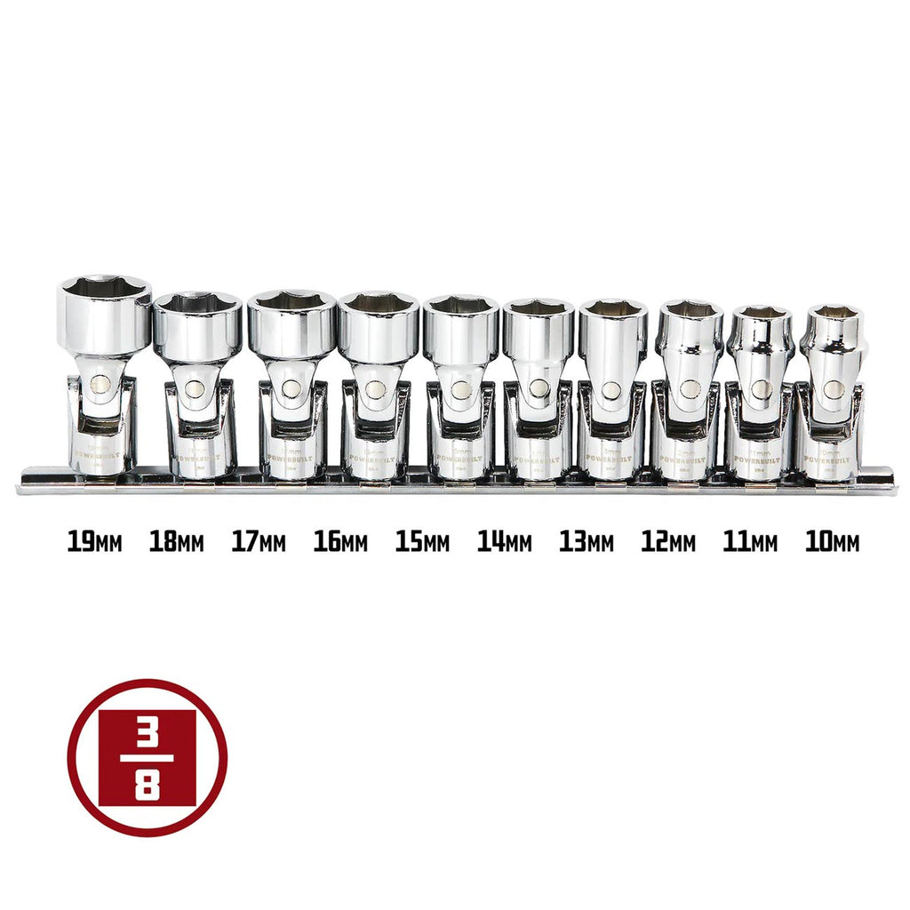 Powerbuilt 10 Piece 3/8-Inch Drive Metric Universal Joint Socket Set, 0mm to 19mm 6 Point Swivel Socket, Flex Socket Kit with Storage Rail, 641715