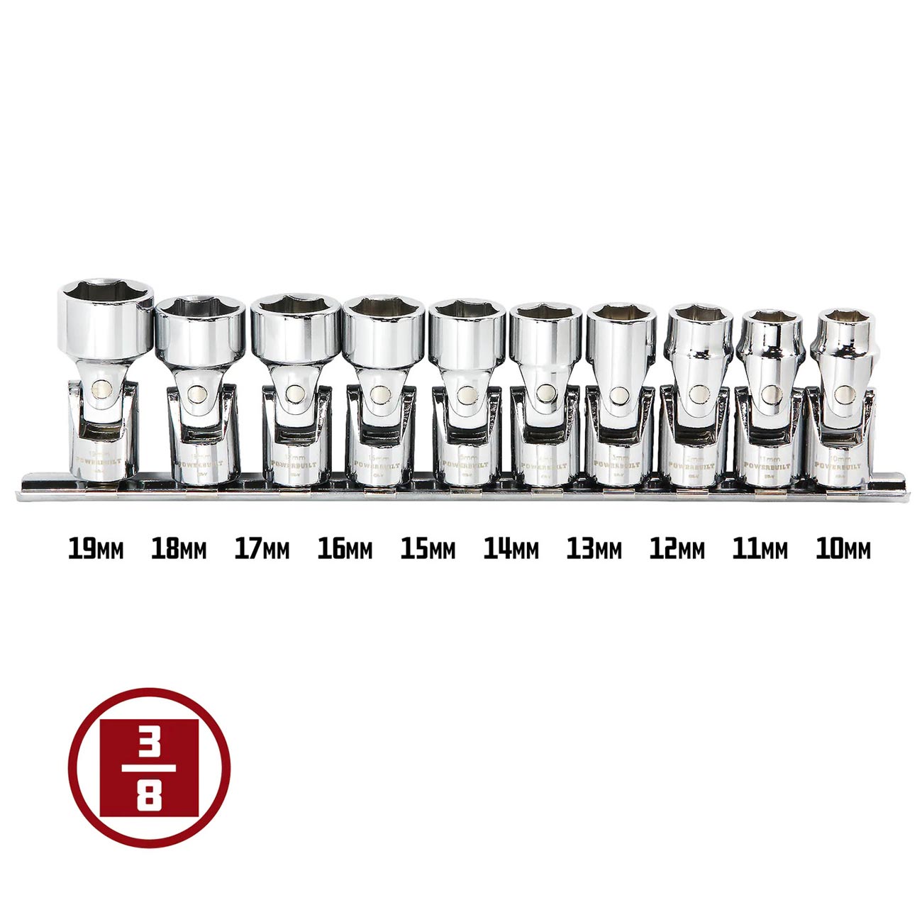 Powerbuilt 10 Piece 3/8-Inch Drive Metric Universal Joint Socket Set, 0mm to 19mm 6 Point Swivel Socket, Flex Socket Kit with Storage Rail, 641715
