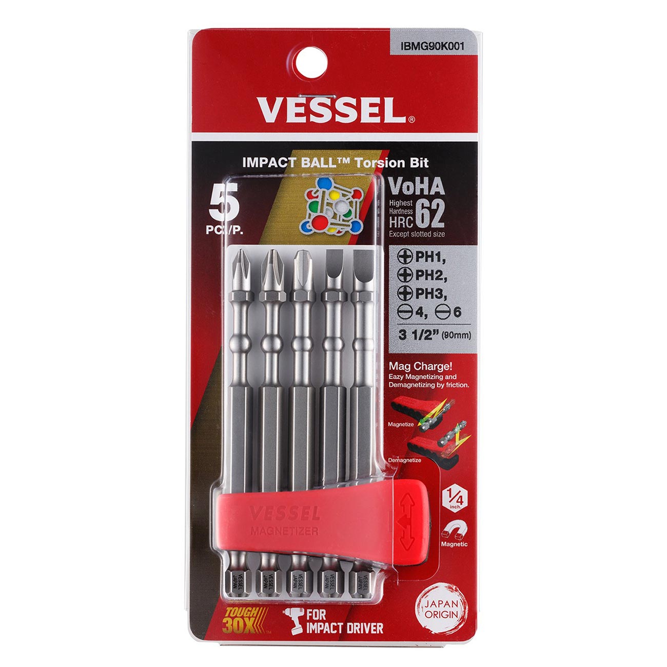 VESSEL IMAPCT BALL Torsion Bit with Mag Charge Holder 5PC. Set (+1, +2, +3, #4(3/16"), #6(1/4")) IBMG90K001 Made in Japan by VESSEL