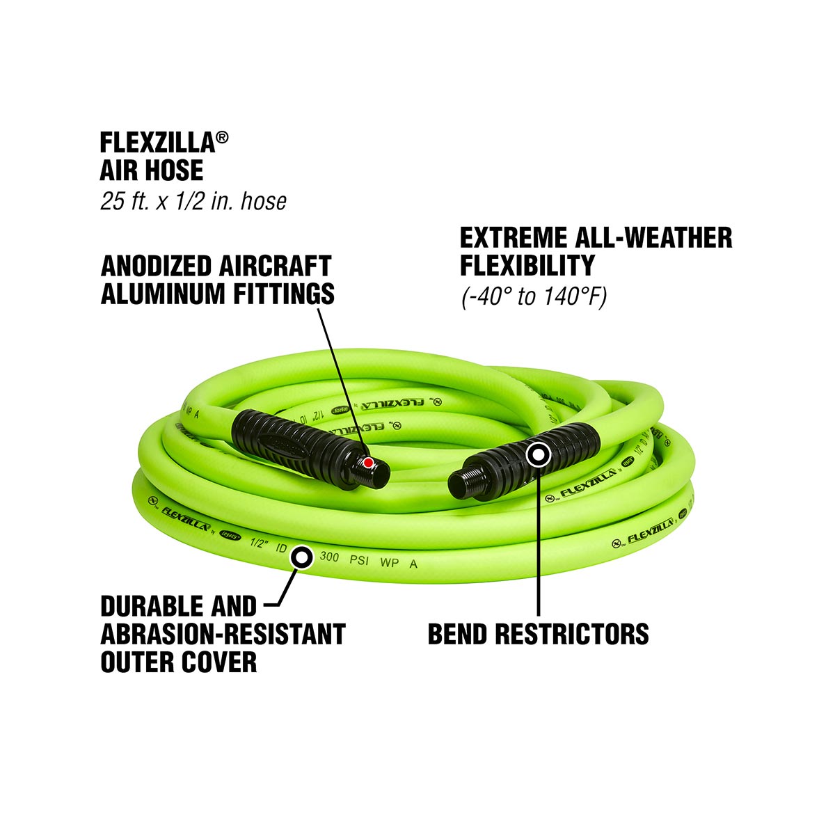 Flexzilla Air Hose, 1/2 in. x 25 ft., 3/8 in. MNPT Fittings, Heavy Duty, Lightweight, Hybrid, ZillaGreen - HFZ1225YW3
