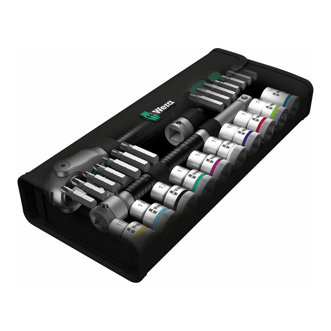 Wera 05004076001 Zyklop Speed 1/2″ Drive Ratchet Set – 29‑Piece Metric Socket & Bit Set with Extensions, Bit Adapter & Textile Case