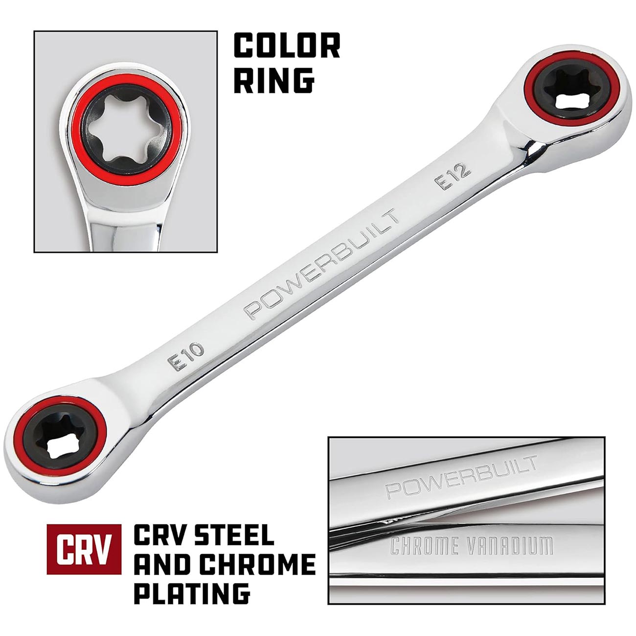 Powerbuilt E10/E12 Ratcheting Double Box-End E-Torx E-Star Wrench, 72-Tooth Ratcheting Wrench with 5-Degree Swing for Tight Spaces - 641760