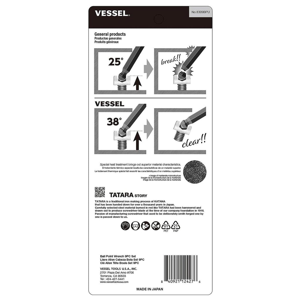 VESSEL Ball Point Hex L-Key Wrench 9PC. Set No.8309BPU 8309BPU