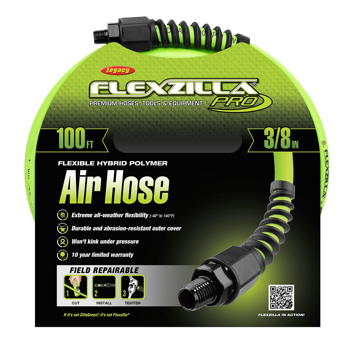 Flexzilla Pro Air Hose, 3/8 in. x 100 ft., Heavy Duty, Lightweight, Hybrid, ZillaGreen - HFZP38100YW2