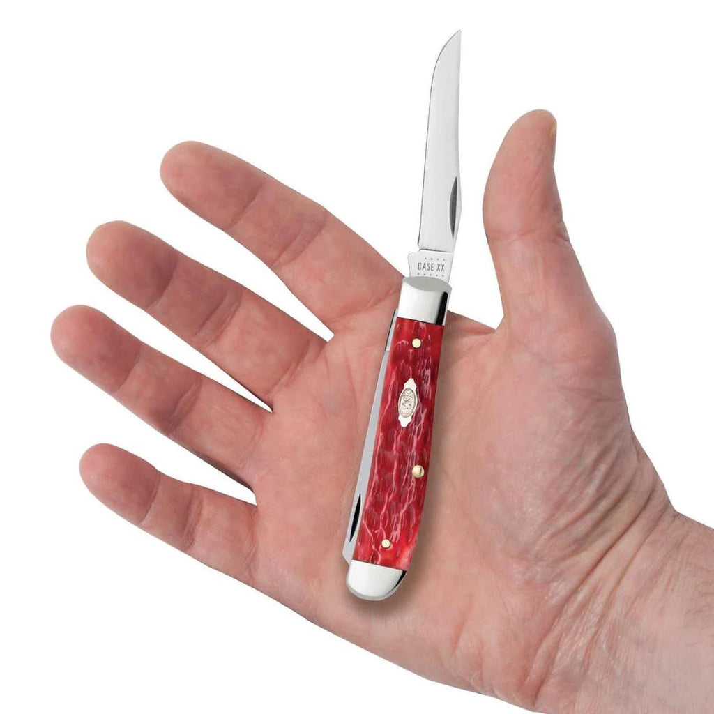 Case Knives Peach Seed Jig Dark Red Bone Mini Trapper Pocket Knife 31952 – Carbon Steel Clip & Spey Blades, Traditional Folding Knife, 3.5” Closed