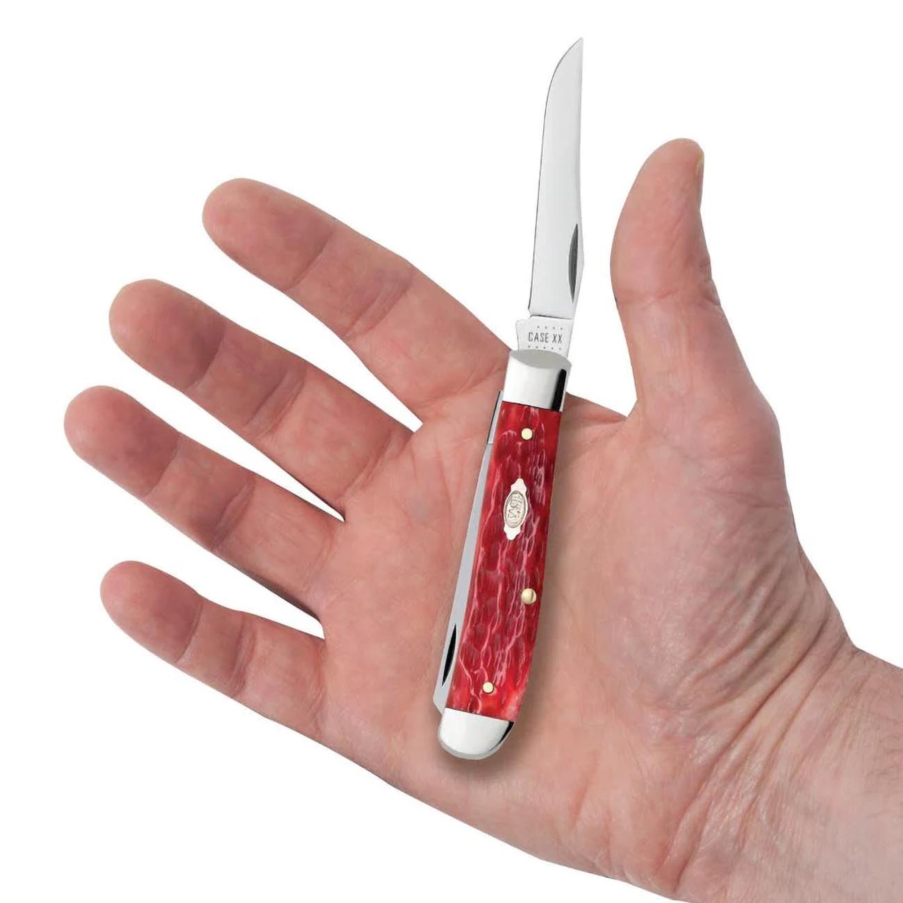 Case Knives Peach Seed Jig Dark Red Bone Mini Trapper Pocket Knife 31952 – Carbon Steel Clip & Spey Blades, Traditional Folding Knife, 3.5” Closed