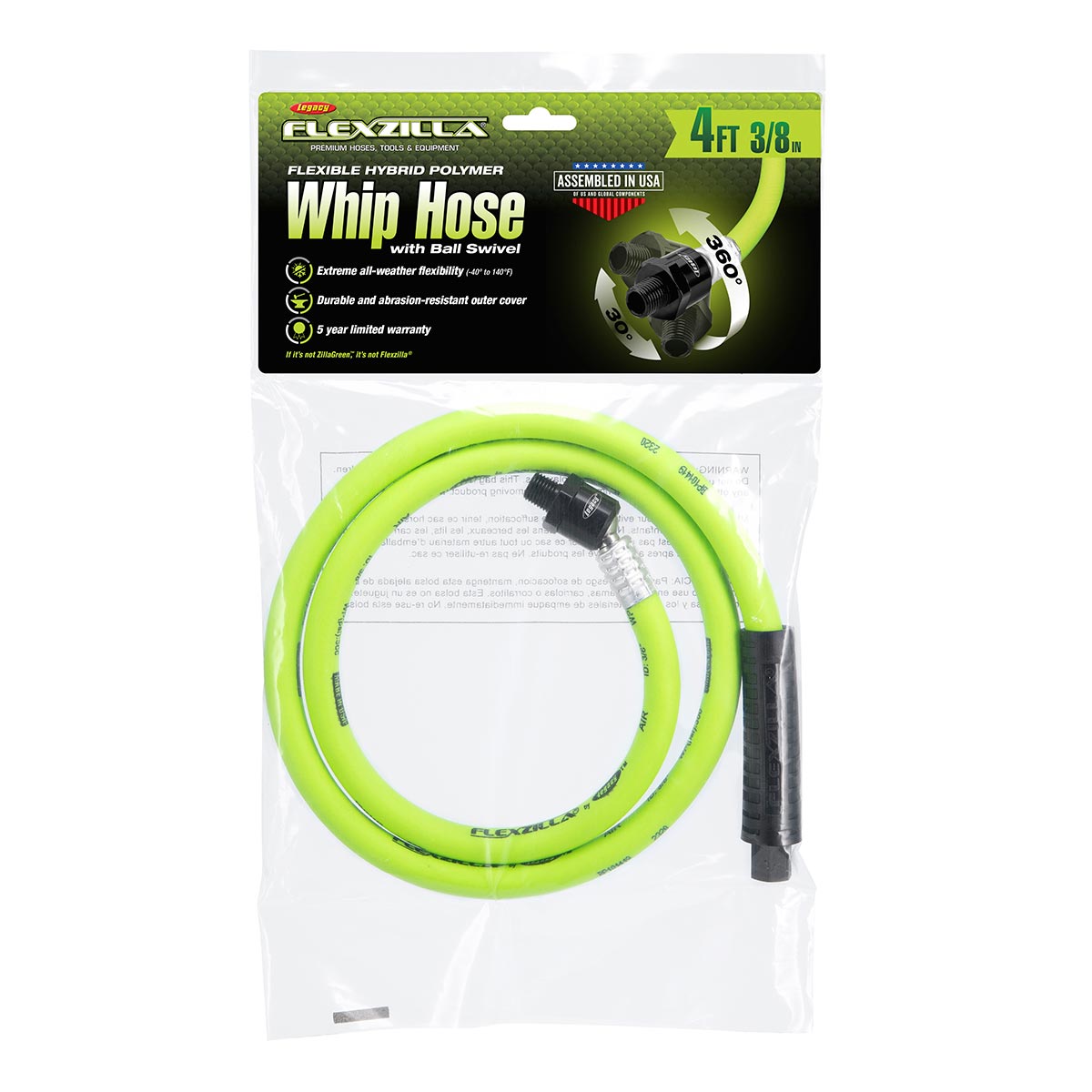 Flexzilla Swivel Whip Air Hose, 3/8 in. x 4 ft. (1/4" MNPT Ball Swivel x 1/4" FNPT Ends), Heavy Duty, Lightweight, Hybrid, ZillaGreen - HFZ3804YW2B