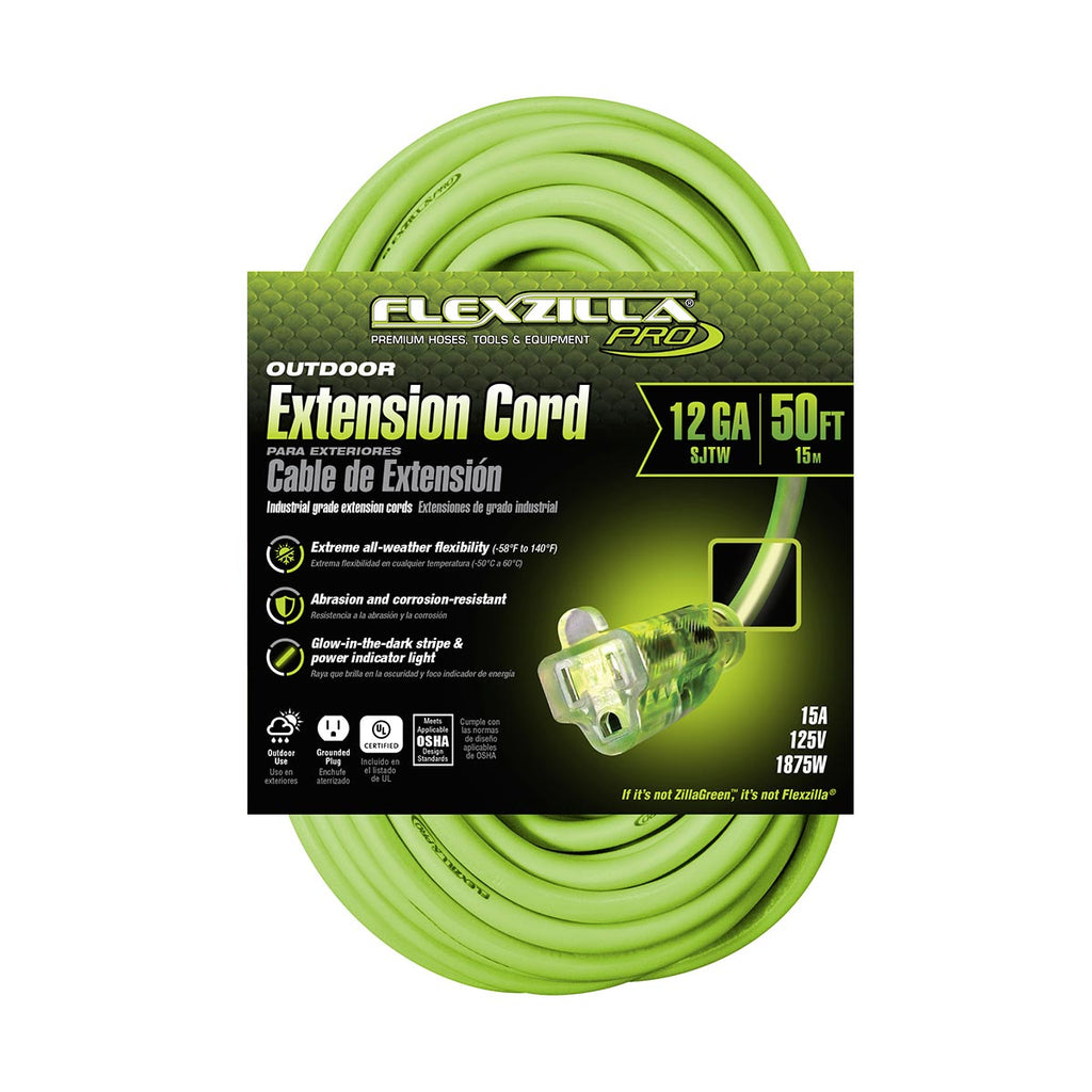 Flexzilla Pro Extension Cord, 12/3 AWG SJTW, 50 ft., Lighted Plug, Indoor/Outdoor, ZillaGreen - FZ512830