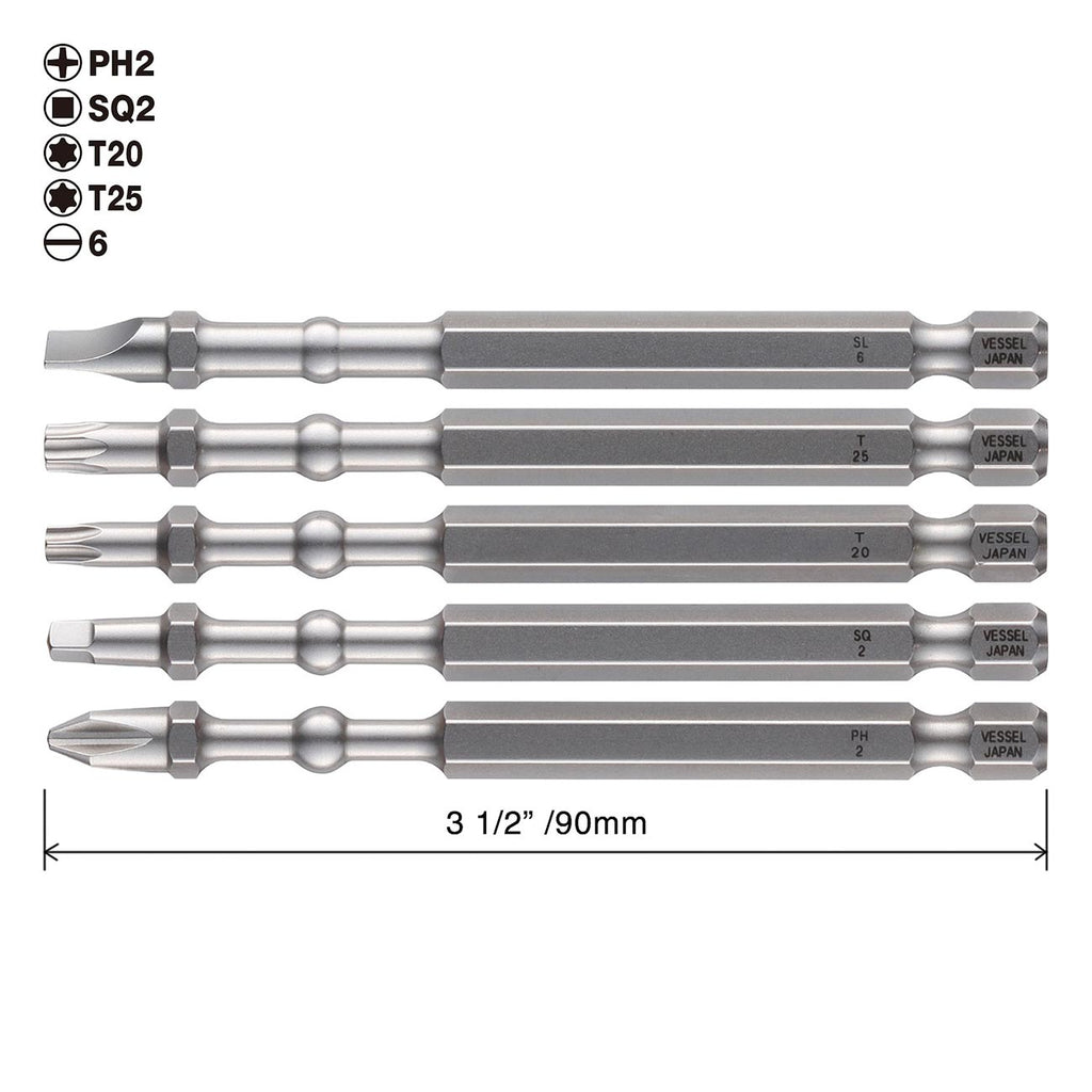 VESSEL IMAPCT BALL Torsion Bit with Mag Charge Holder 5PC. Set (+2, SQ2, T20, T25, #6(1/4")) IBMG90K002 Made in Japan by VESSEL