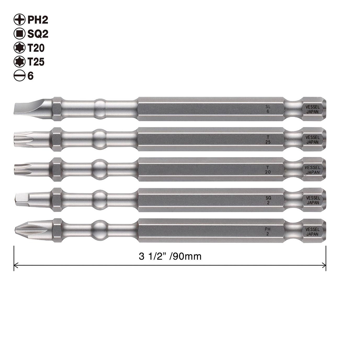 VESSEL IMAPCT BALL Torsion Bit with Mag Charge Holder 5PC. Set (+2, SQ2, T20, T25, #6(1/4")) IBMG90K002 Made in Japan by VESSEL