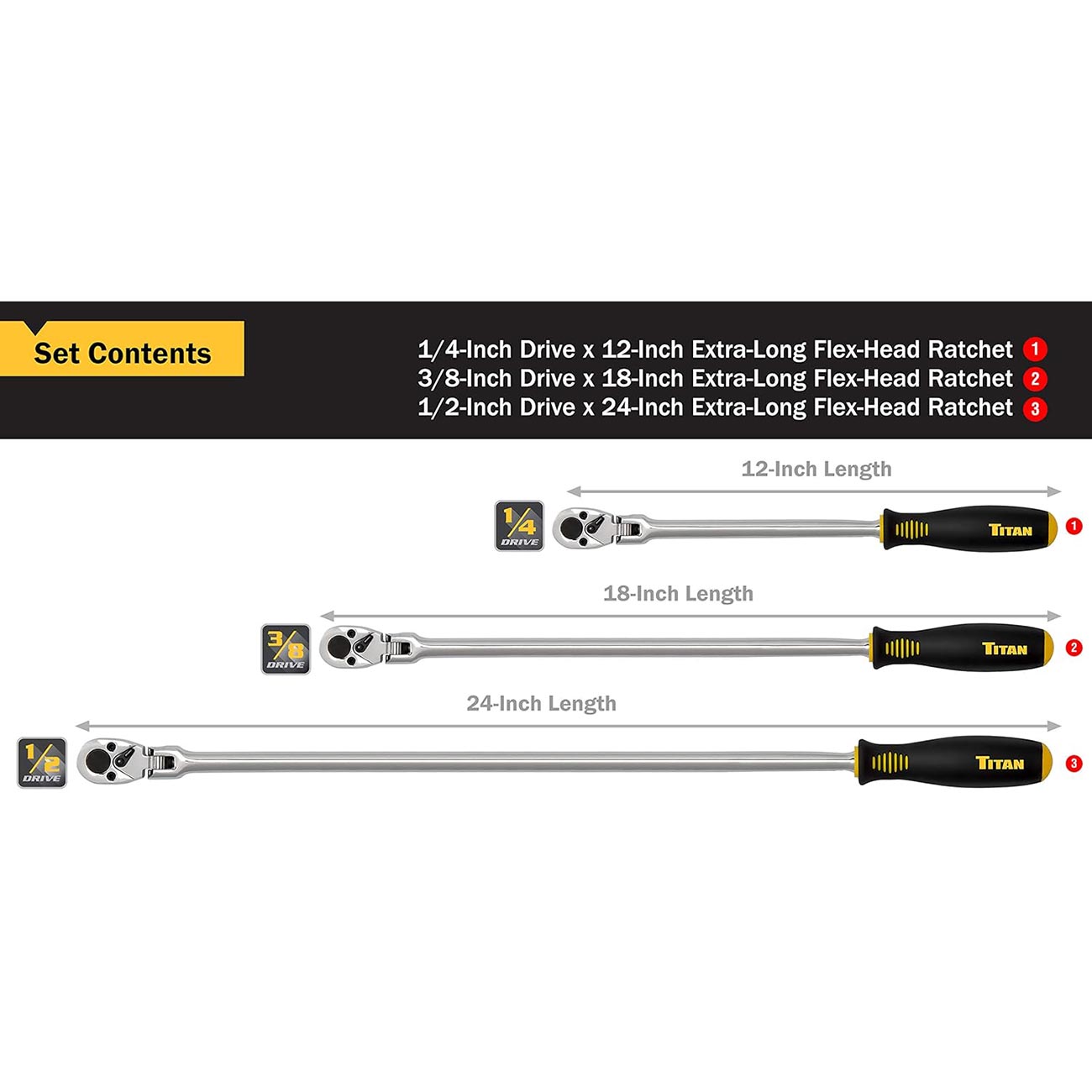 Titan 11303 3-Piece 36-Tooth Extra-Long Flex Head Ratchet Set