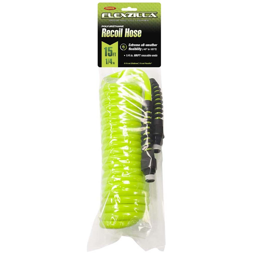 Flexzilla LP1415AFZ Polyurethane Recoil Air Hose | 15 Feet | All Weather Flexibility | Increased Flexibility and Improved Recoil Memory | Pre-Applied Thread Sealer