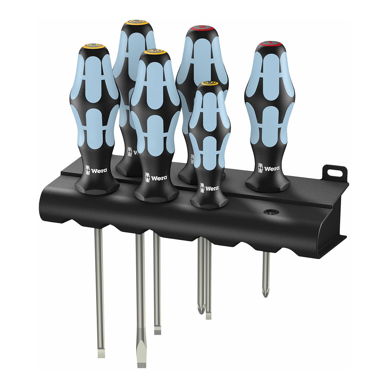 Wera 05032060001 Kraftform Stainless 3334/6 Stainless Steel Slotted/Phillips Screwdriver Set and Rack, 6-Piece,MULTI,Slotted: 6.5x150mm, 3x80mm, 4x100mm, 5.5x125mm. Phillips: PH1x80mm, PH2x100mm